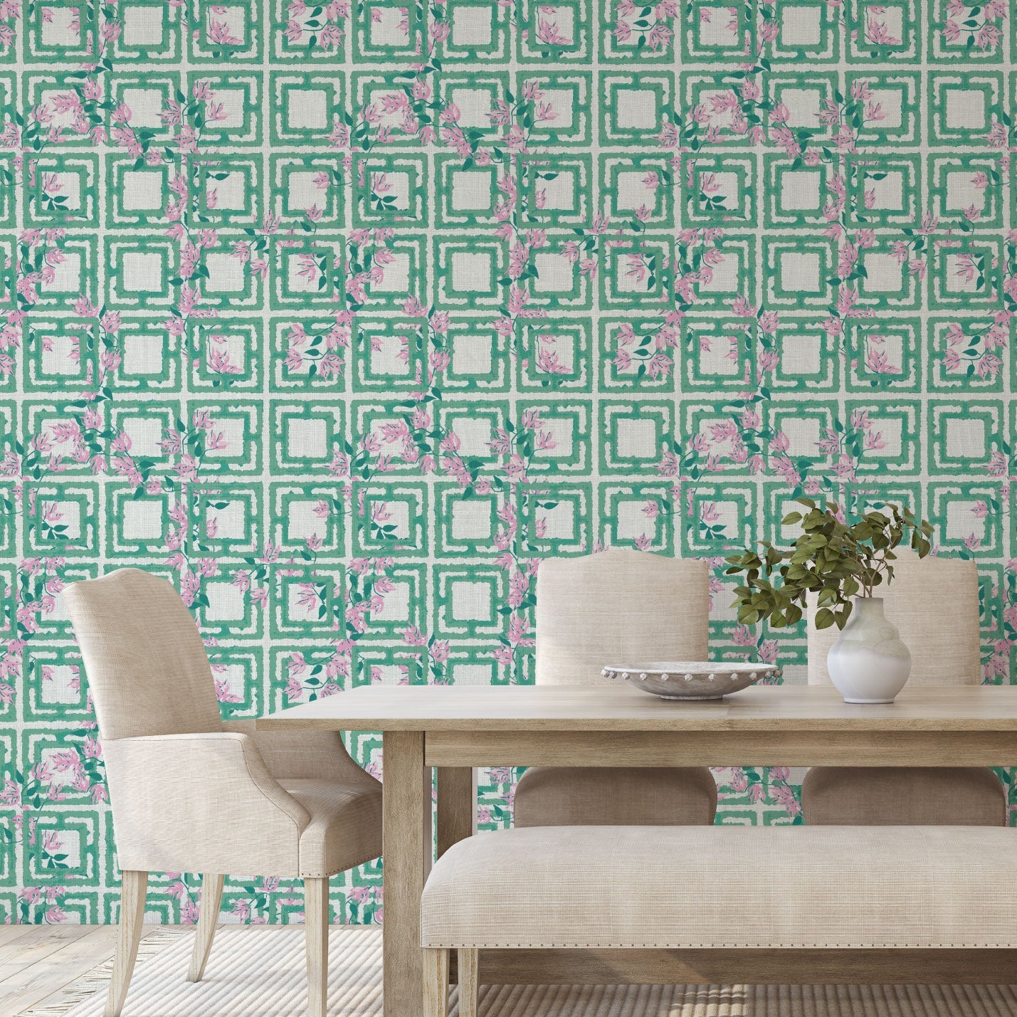 wallpaper Natural Textured Eco-Friendly Non-toxic High-quality Sustainable Interior Design Bold Custom Tailor-made Retro chic Grand millennial Maximalism Traditional Dopamine decor garden flower geometric retro green pink girl kids preppy cabana linen
