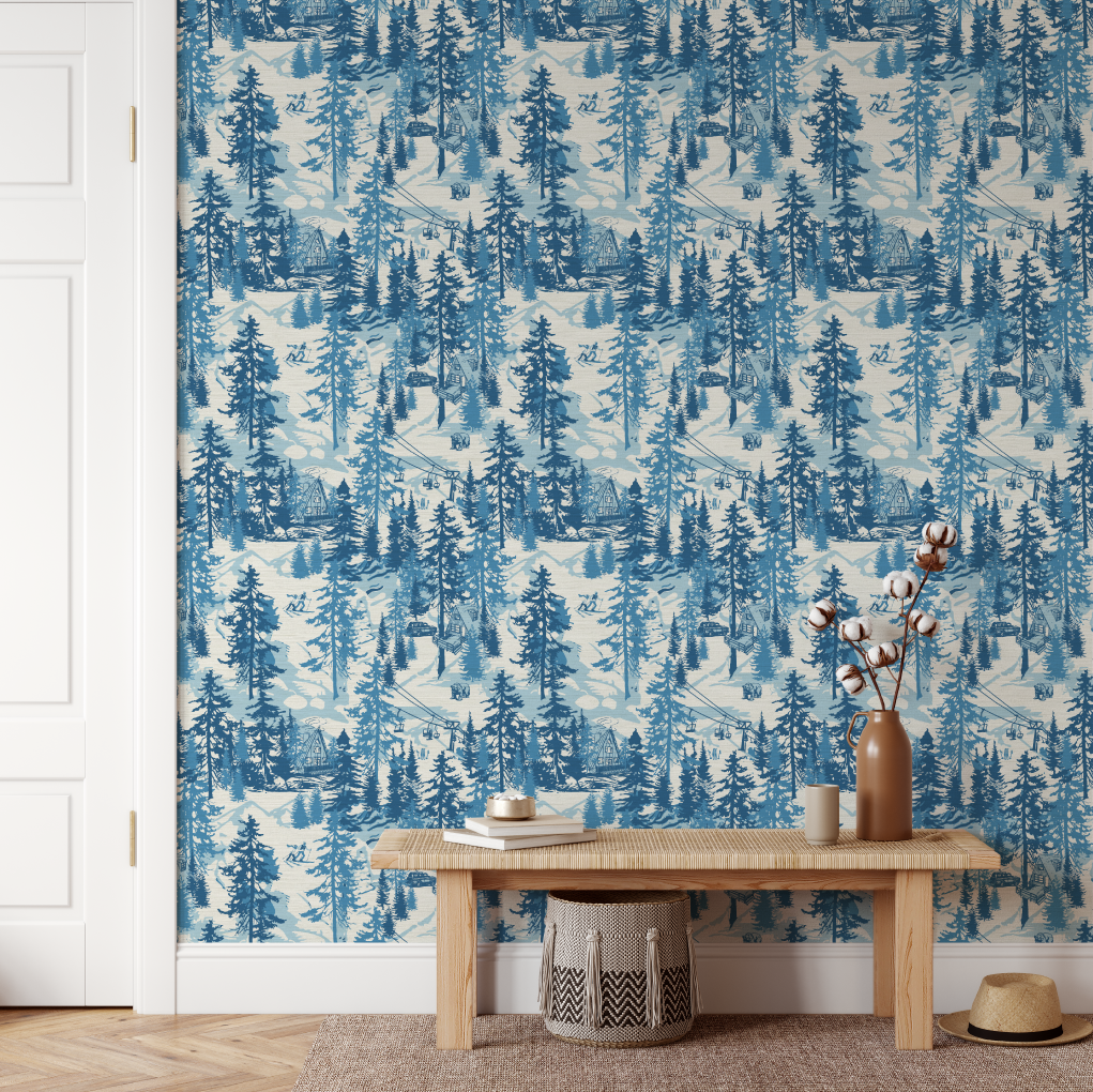 Aprés All Day Winter Ski Chalet Toile Wallpaper