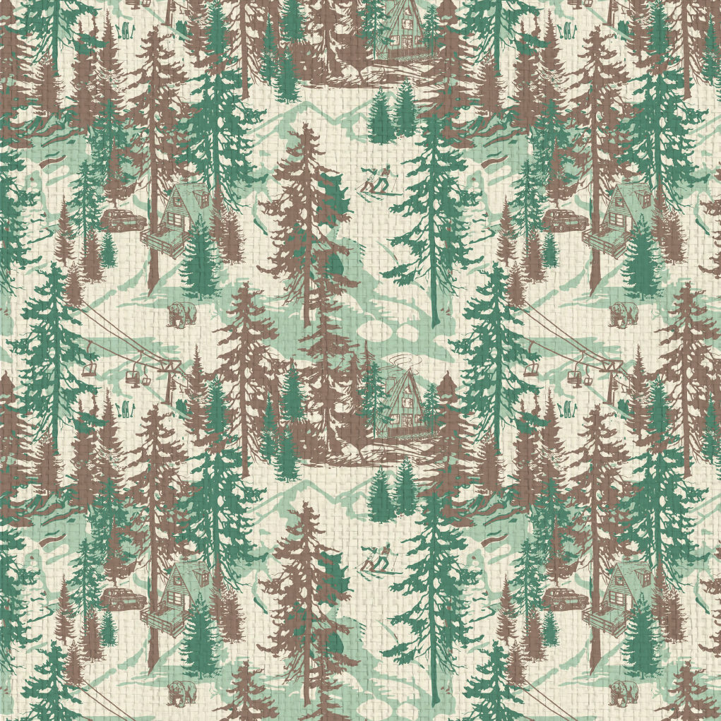 Aprés All Day Winter Ski Chalet Toile Wallpaper