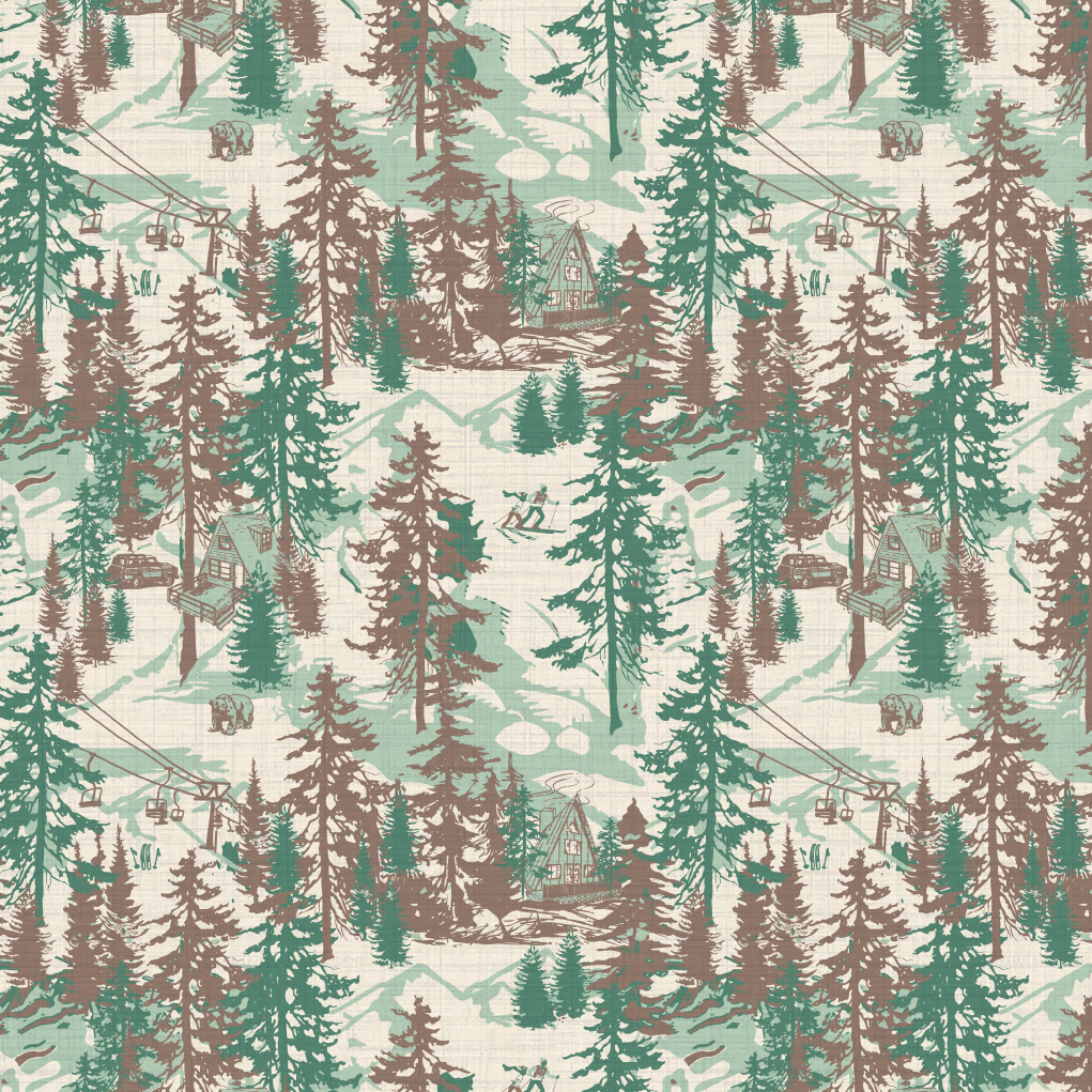 Aprés All Day Winter Ski Chalet Toile Wallpaper