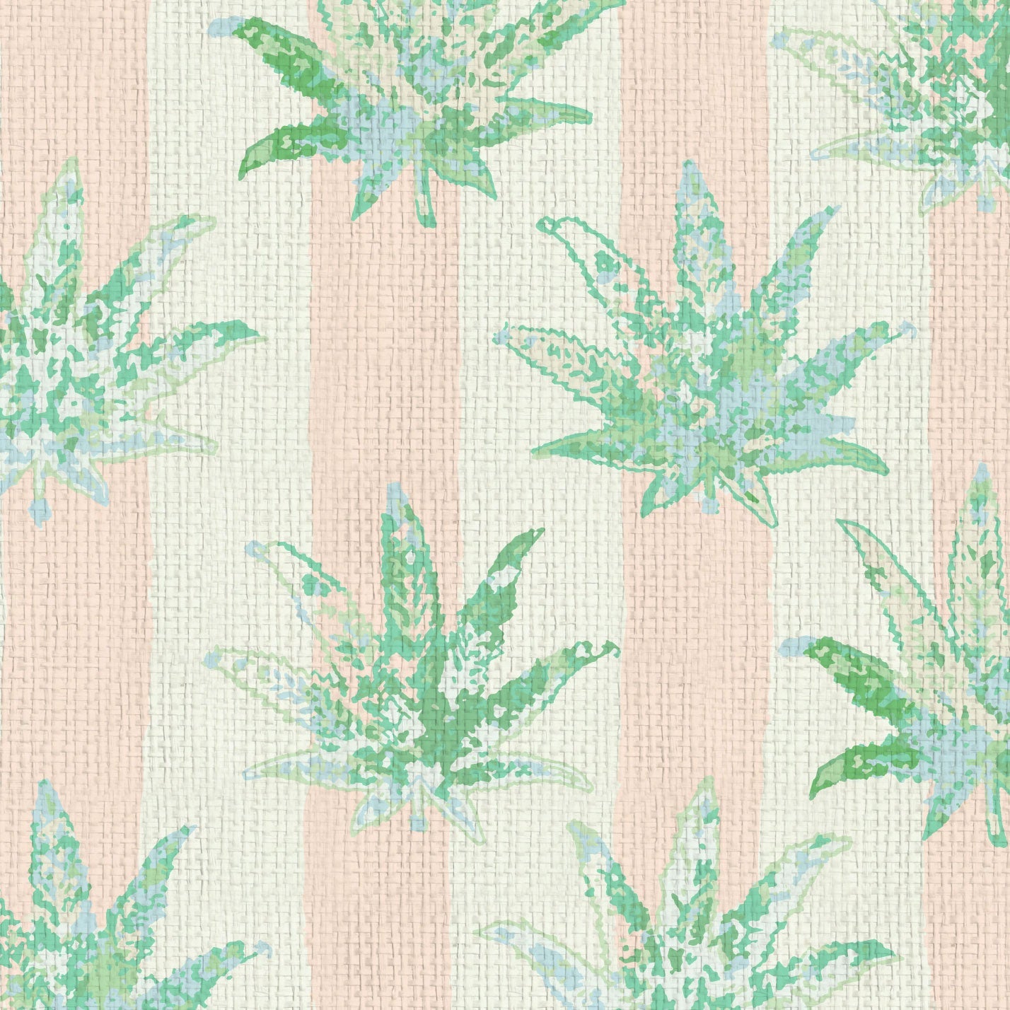 printed textured natural grasscloth wallpaper wall covering eco-friendly sustainable wide vertical stripes painted pink light pink baby pink weed marijuana high-quality tailor-made custom designed interior design bold vacation seaside coastal waterfront retreat relaxed beach cottage paperweave paper weave