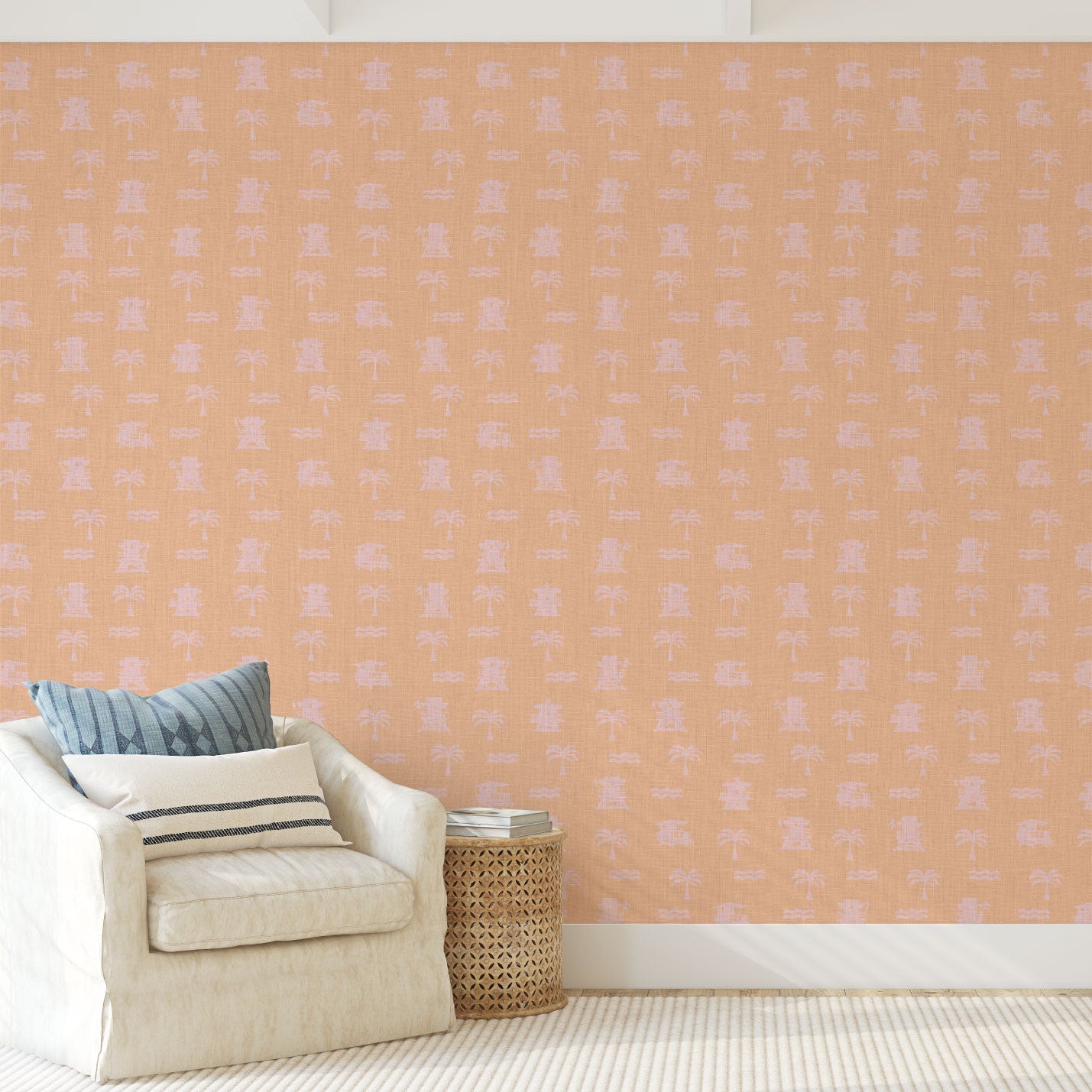 Natural Textured Eco-Friendly Non-toxic High-quality Sustainable practices Sustainability Interior Design Wall covering wallpaper grid seaside coastal seashore waterfront vacation home styling retreat relaxed beach vibes beach cottage shoreline oceanfront nautical tropical ocean waves palm tree lifeguard stand mini print custom interior design beach house sunset orange tangerine coral light pink baby linen