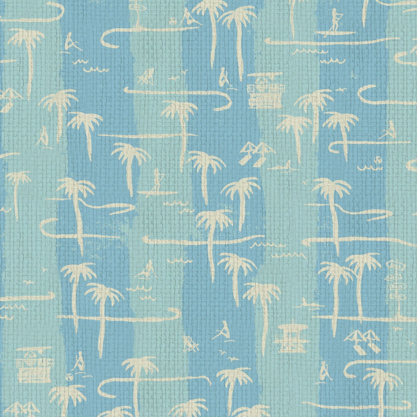two color vertical stripe beach print featuring palm trees, beachgoers, lifeguard stands and ocean waves Grasscloth Natural Textured Eco-Friendly Non-toxic High-quality Sustainable practices Sustainability Interior Design Wall covering Bold Wallpaper Custom Tailor-made Retro chic Tropical Seaside Coastal Seashore Waterfront Vacation home styling Retreat Relaxed beach vibes Beach cottage Shoreline Oceanfront Nautical blue dusty teal sky light paper weave paperweave