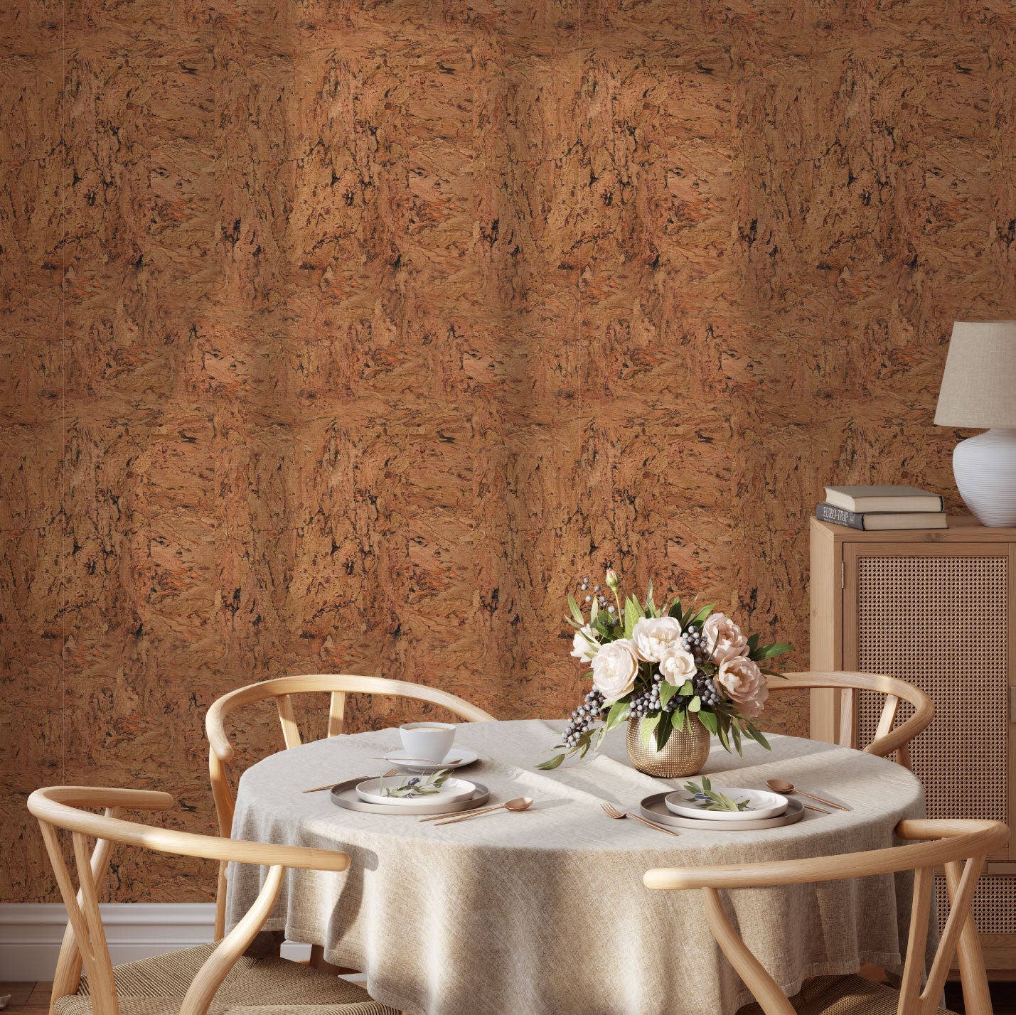 Natural Textured Eco-Friendly Non-toxic High-quality Sustainable practices Sustainability Interior Design Wall covering Bold Wallpaper Custom Tailor-made Retro chic cork nature luxury metallic shiny wood timeless coastal vacation interior design grain high-end dark brown light dining room