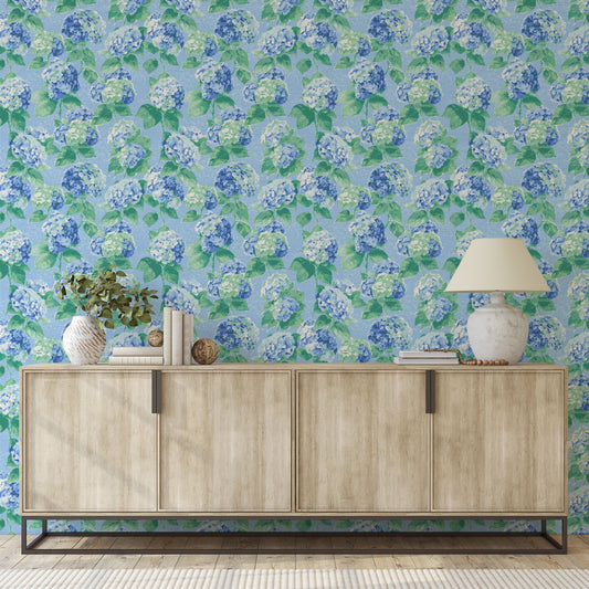 grasscloth paperweave wallpaper Natural Textured Eco-Friendly Non-toxic High-quality Sustainable Interior Design Bold Custom Tailor-made Retro chic Grand millennial Maximalism Traditional Dopamine decor coastal garden hydrangea preppy french blue lilac lavender cabana kids cottage seashore feminine girly flower botanical basketweave basket weave