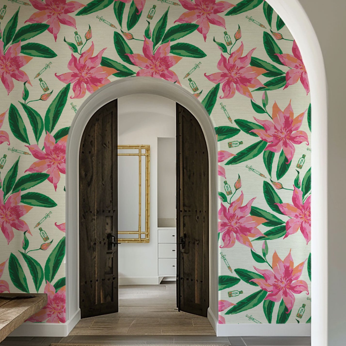 white based grasscloth printed wallpaper with oversized pink flowers and big green leafs with botox bottles syringes Natural Textured Eco-Friendly Non-toxic High-quality Sustainable practices Sustainability Interior Design Wall covering Bold Wallpaper Custom Tailor-made Retro chic Tropical Salon Beauty Hair Garden jungle medspa botanical garden