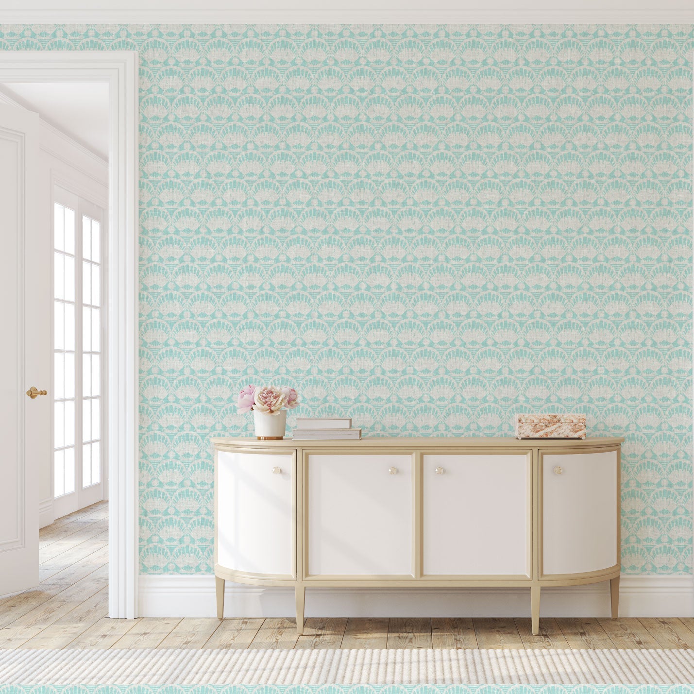 wallpaper seashell horizontal stripe Natural Textured Eco-Friendly Non-toxic High-quality Sustainable practices Sustainability Interior Design Wall covering custom tailor-made retro chic tropical bespoke nature Seaside Coastal Seashore Waterfront Vacation home styling Retreat Relaxed beach vibes Beach cottage Shoreline Oceanfront Nautical pastel subtle green teal white soft linen