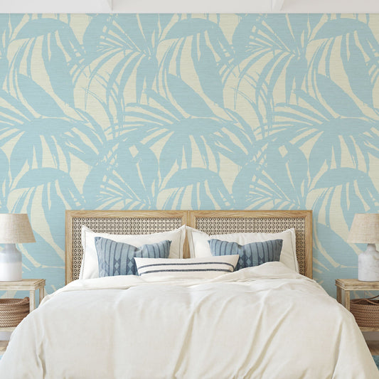 printed grasscloth wallpaper oversize tropical leaf Natural Textured Eco-Friendly Non-toxic High-quality Sustainable practices Sustainability Interior Design Wall covering Bold retro chic custom jungle garden botanical Seaside Coastal Seashore Waterfront Vacation home styling Retreat Relaxed beach vibes Beach cottage Shoreline Oceanfront white blue ocean sky