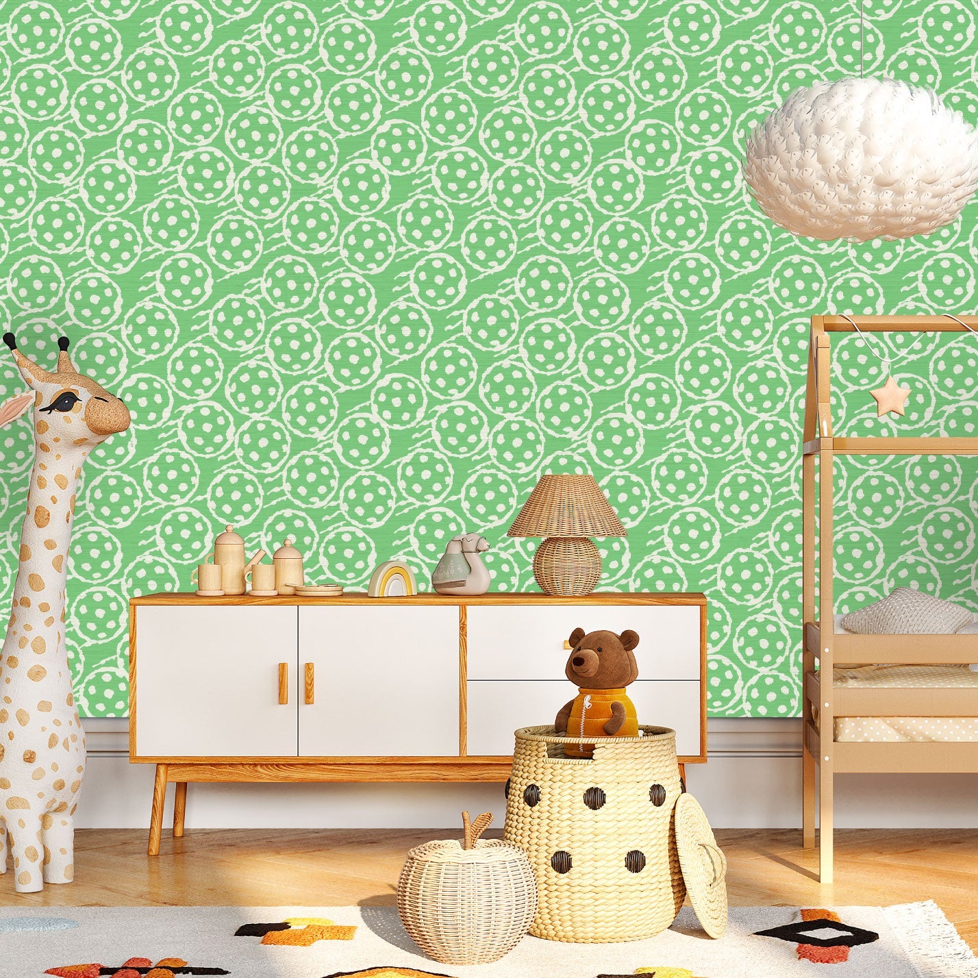 pickleball sport ball green white kids Grasscloth Natural Textured Eco-Friendly Non-toxic High-quality Sustainable practices Sustainability Interior Design Wall covering Bold Wallpaper Custom Tailor-made Retro chic custom made
