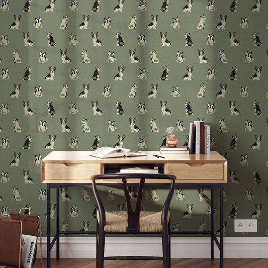 Grasscloth wallpaper Natural Textured Eco-Friendly Non-toxic High-quality Sustainable Interior Design Bold Custom Tailor-made Retro chic Grandmillennial Maximalism Traditional Dopamine decor dog animal french bulldog pouch hound kid kids playroom nursery mudroomRustic Cabin cottage Luxury Contemporary stripe olive green