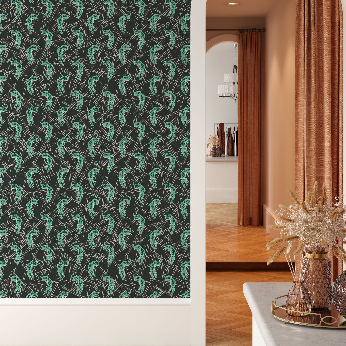 Grasscloth wallpaper Natural Textured Eco-Friendly Non-toxic High-quality Sustainable Interior Design Bold Custom Tailor-made Retro chic Grand millennial Maximalism Traditional Dopamine decor tropical jungle garden vacation animal cheetah black mint