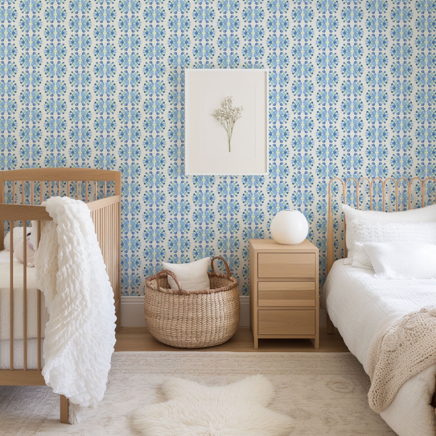 June St. George blue flowers on white wallpaper wall covering grasscloth grass cloth paper weave textured custom luxury natural woman artist women contemporary modern interior design bold tailor made Eco-Friendly
Non-toxic
High-quality
Sustainable
Retro chic
Grand millennial
Maximalism
Traditional
Dopamine decor
girly