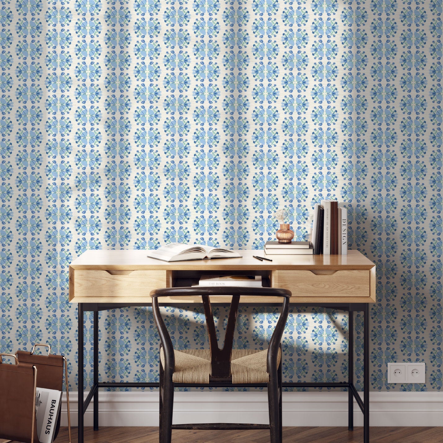 June St. George blue flowers on white wallpaper wall covering grasscloth grass cloth paper weave textured custom luxury natural woman artist women contemporary modern interior design bold tailor made Eco-Friendly
Non-toxic
High-quality
Sustainable
Retro chic
Grand millennial
Maximalism
Traditional
Dopamine decor
girly
