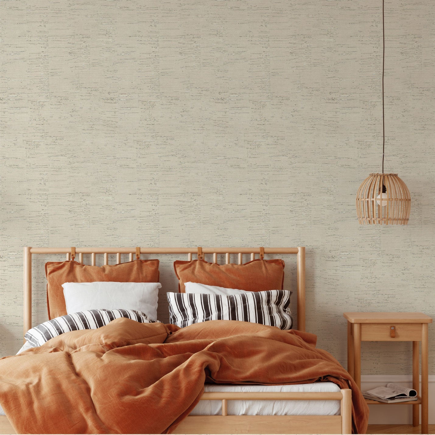 Natural Textured Eco-Friendly Non-toxic High-quality Sustainable practices Sustainability Interior Design Wall covering Bold Wallpaper Custom Tailor-made Retro chic cork nature luxury metallic shiny wood timeless coastal vacation interior design grain high-end silver metallic off white grey tan neutral bedroom