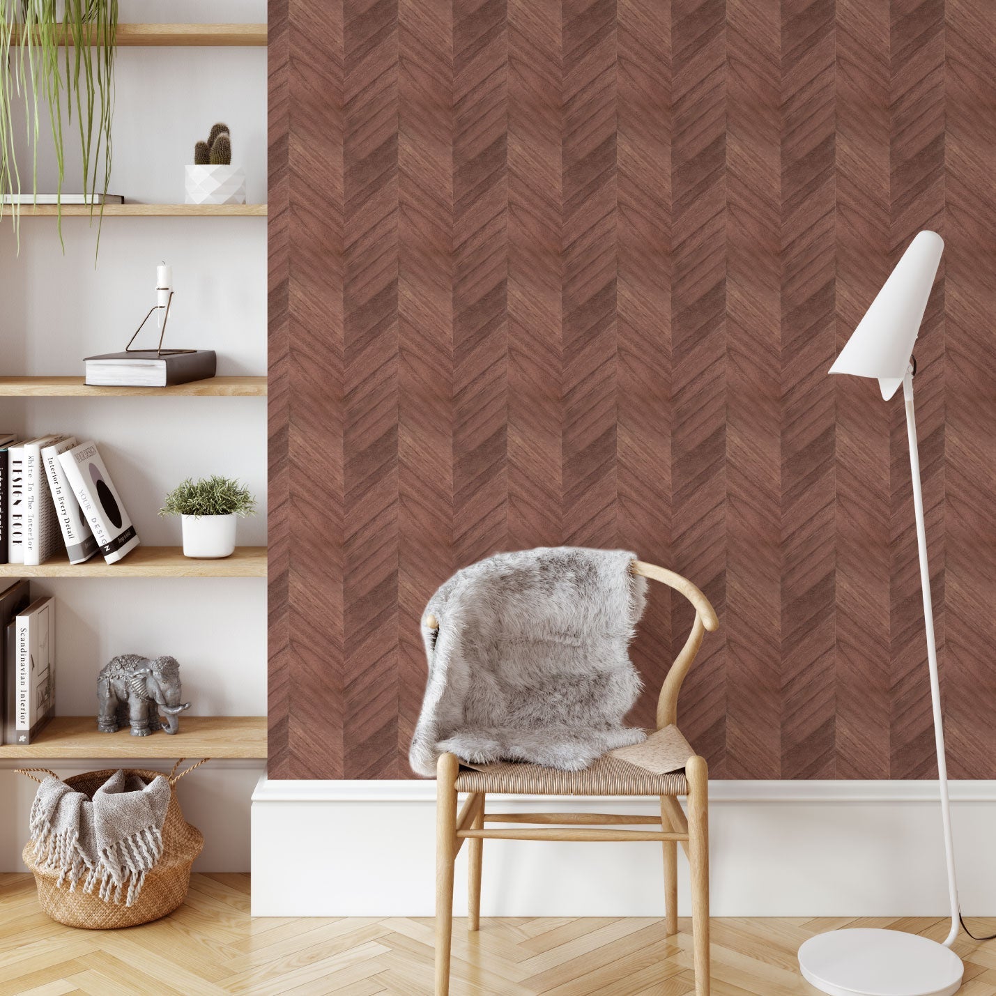wallpaper Natural Textured Eco-Friendly Non-toxic High-quality Sustainable Interior Design Bold Custom Tailor-made Retro chic Vacation home styling Retreat Relaxed beach vibes Beach cottage Shoreline Oceanfront Nautical Rustic Cabin cottage Luxury Contemporary Bespoke wood grain veneer chevron stripe dark brown living room veneer