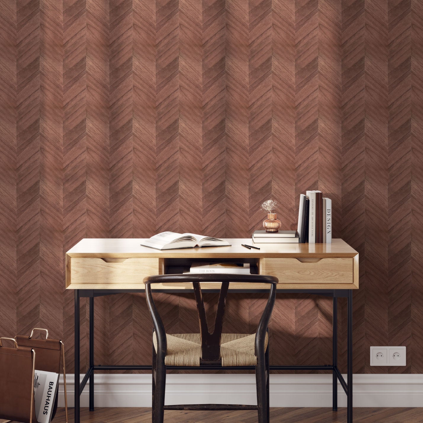 wallpaper Natural Textured Eco-Friendly Non-toxic High-quality Sustainable Interior Design Bold Custom Tailor-made Retro chic Vacation home styling Retreat Relaxed beach vibes Beach cottage Shoreline Oceanfront Nautical Rustic Cabin cottage Luxury Contemporary Bespoke wood grain veneer chevron stripe dark brown office veneer