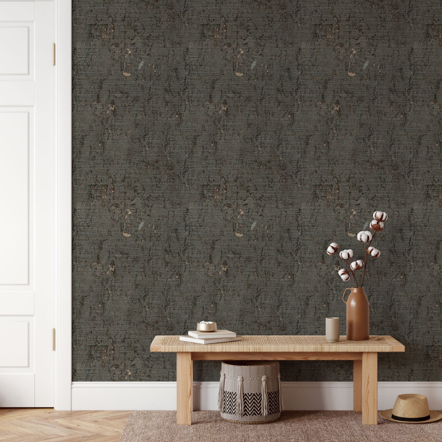 Grasscloth Natural Textured Eco-Friendly Non-toxic High-quality Sustainable practices Sustainability Interior Design Wall covering Bold Wallpaper Custom Tailor-made Retro chic silver metallic cork shiny shimmer lux luxury brown black tonal neutral living room foyer entrance