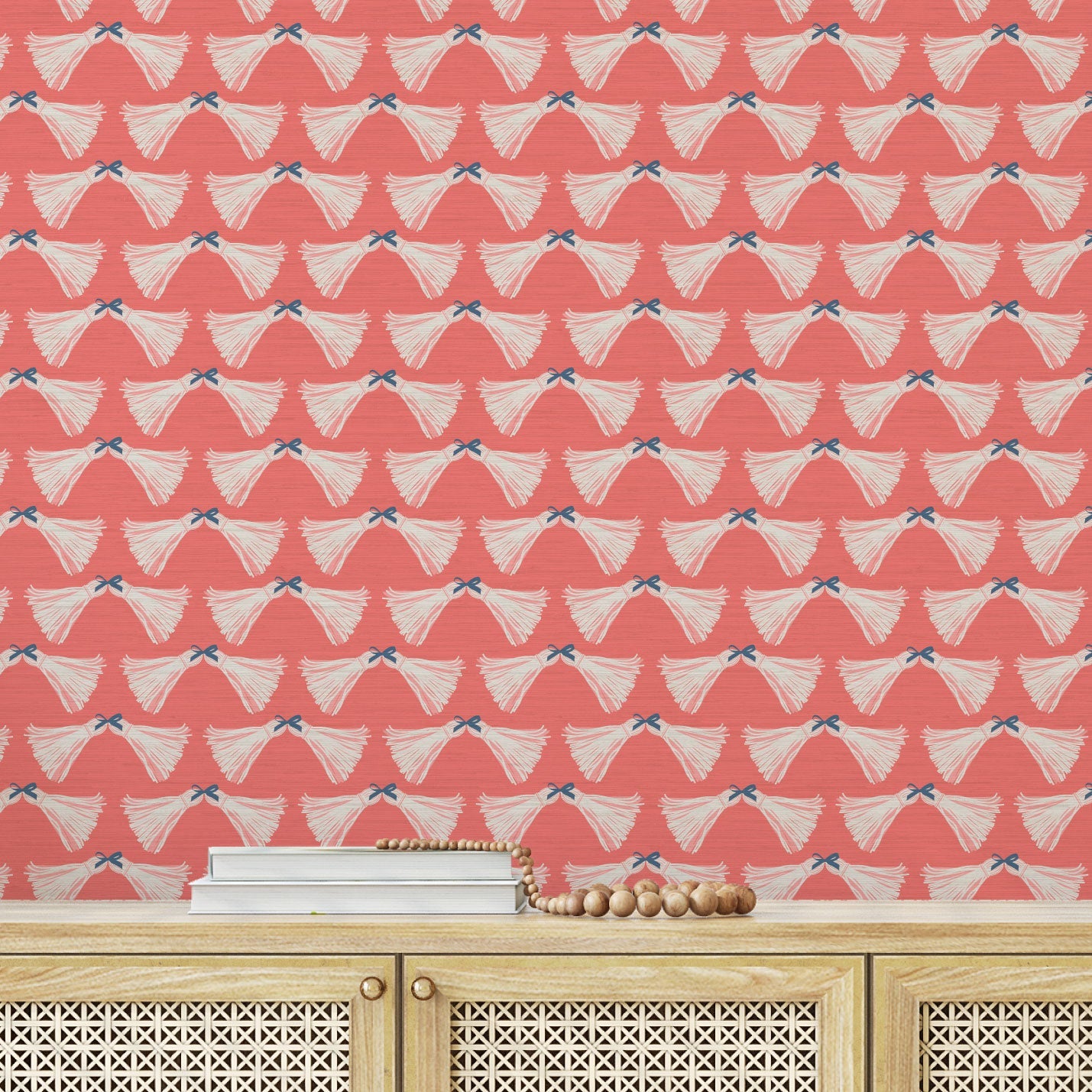 June St. George pink tassels bows on red wallpaper wall covering grasscloth grass cloth paper weave textured custom luxury natural woman artist women contemporary modern interior design bold tailor made Eco-Friendly
Non-toxic
High-quality
Sustainable
Retro chic
Grand millennial
Maximalism
Traditional
Dopamine decor
girly