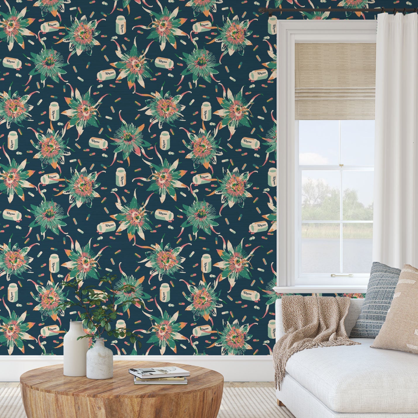 navy printed grasscloth wallpaper texture wallcover sustainable custom eco-friendly natural floral botanical flowers prozac funny tossed pills allover tropical flowers blue living room