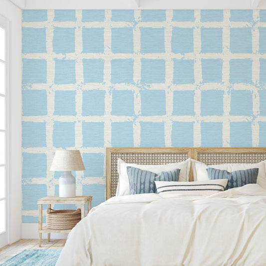 Grasscloth wallpaper in hand painted square pattern emulating window panes in an oversized plaid layout with a french blue base on cream printGrasscloth wallpaper Natural Textured Eco-Friendly Non-toxic High-quality Sustainable Interior Design Bold Custom Tailor-made Retro chic Bold coastal beach french blue sky ocean white