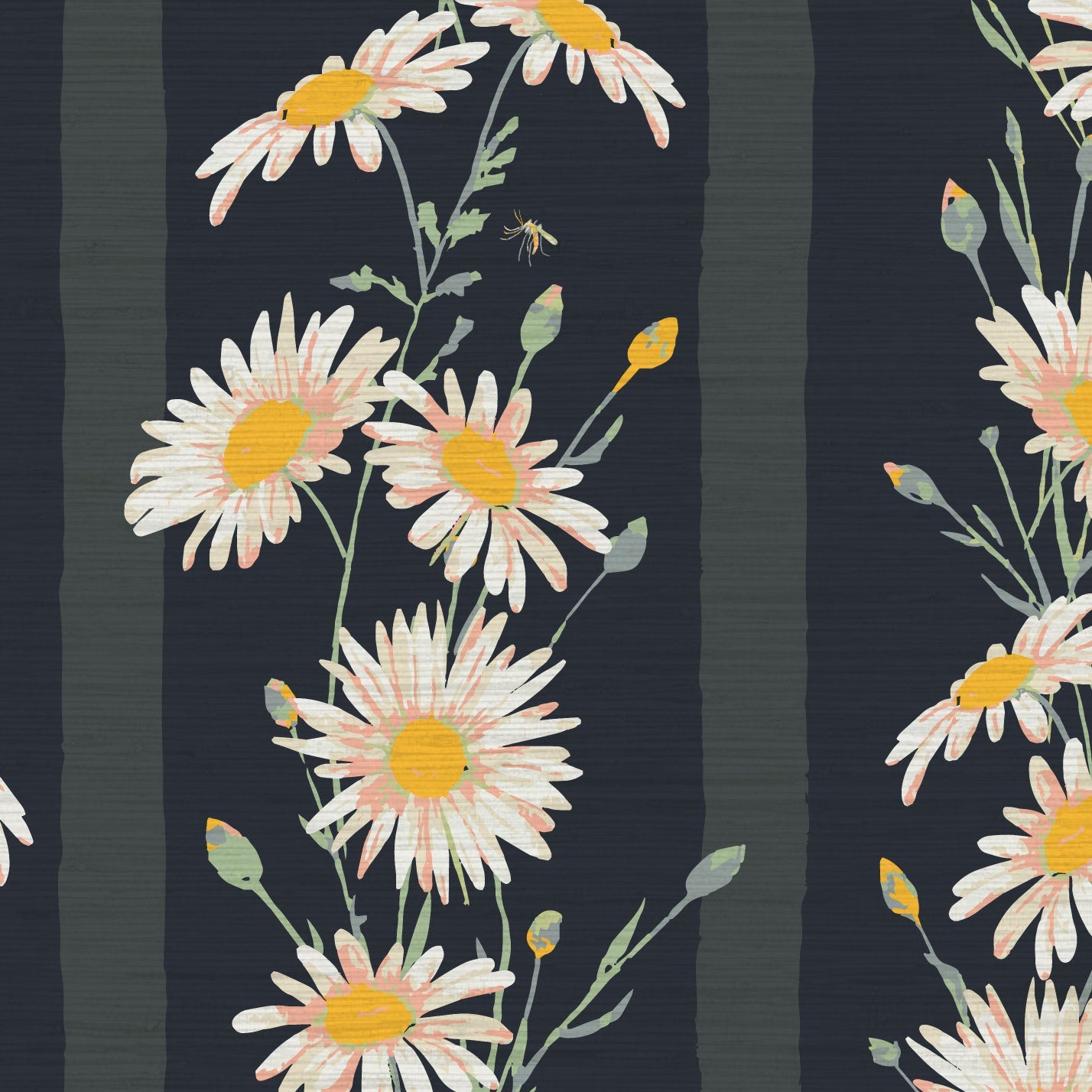 Grasscloth wallpaper Natural Textured Eco-Friendly Non-toxic High-quality Sustainable Interior Design Bold Custom Tailor-made Retro chic Coastal Garden Seaside Seashore Waterfront Vacation home styling Retreat Relaxed beach vibes Beach cottage Shoreline Oceanfront Nautical Cabana preppy kid kids bedroom playroom wide vertical stripe floral flowers botanical daisies black pink white