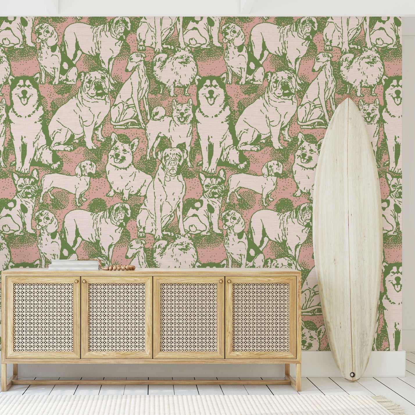 dog printed grasscloth paper weave wallpaper puppy huskie, bulldogs, mastiff, wiener, beagles, yorkie Natural Textured Eco-Friendly Non-toxic High-quality Sustainable Interior Design Bold Custom kids mudroom veterinary grooming animal pink olive entrance foyer