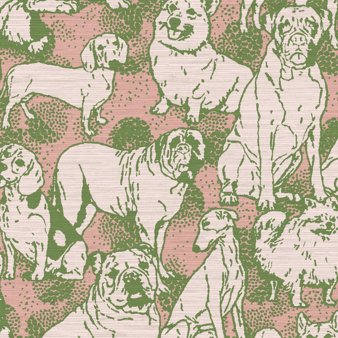 dog printed grasscloth paper weave wallpaper puppy huskie, bulldogs, mastiff, wiener, beagles, yorkie Natural Textured Eco-Friendly Non-toxic High-quality Sustainable Interior Design Bold Custom kids mudroom veterinary grooming animal pink olive entrance foyer