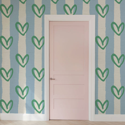 hearts vertical wide stripes house of shan collaboration kids playroom nursery Grasscloth wallpaper Natural Textured Eco-Friendly Non-toxic High-quality Sustainable Interior Design Bold Custom Tailor-made Retro chic Bold fun french blue white green living room nursery kids bedroom