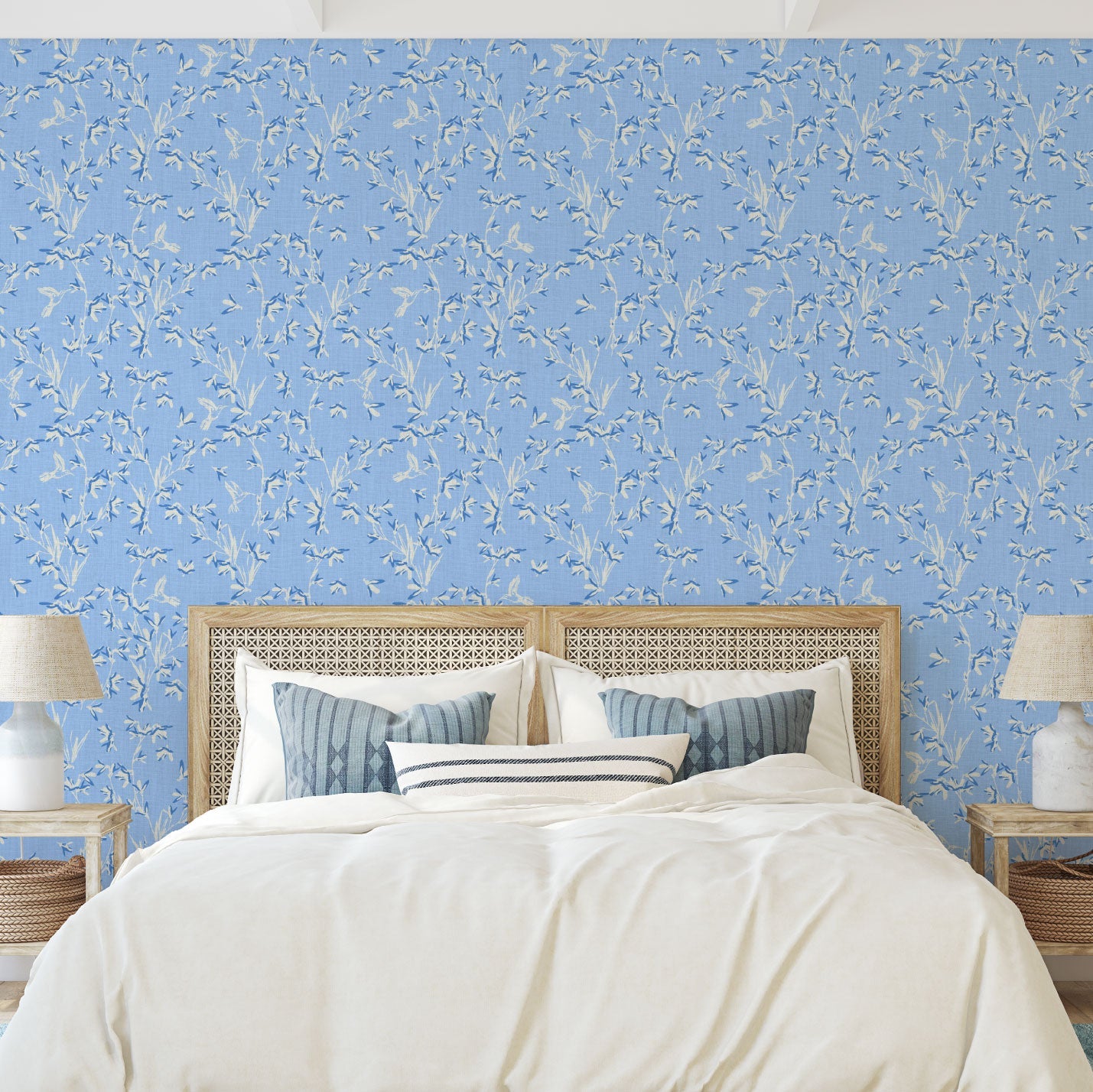 Chinoiserie Chinese Chinz Natural Textured Eco-Friendly Non-toxic High-quality Sustainable practices Sustainability Wall covering Wallcovering Wallpaper Custom interior Bespoke Tailor-made Nature inspired Bold Garden Wallpaper floral tree bird animal hummingbird garden tree asian inspired nursery feminine girl bedroom french blue blue light blue dusty blue linen luxury