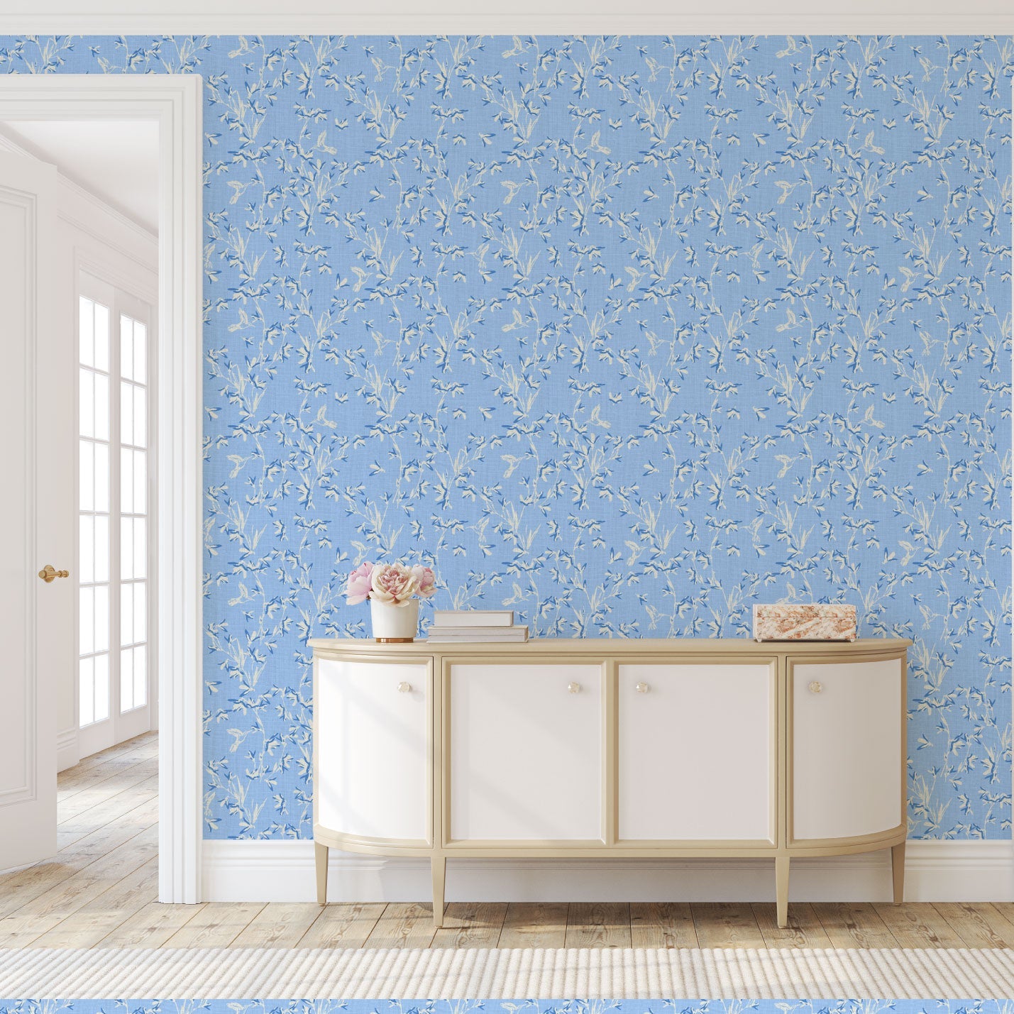 Chinoiserie Chinese Chinz Natural Textured Eco-Friendly Non-toxic High-quality Sustainable practices Sustainability Wall covering Wallcovering Wallpaper Custom interior Bespoke Tailor-made Nature inspired Bold Garden Wallpaper floral tree bird animal hummingbird garden tree asian inspired nursery feminine girl bedroom french blue blue light blue dusty blue linen luxury