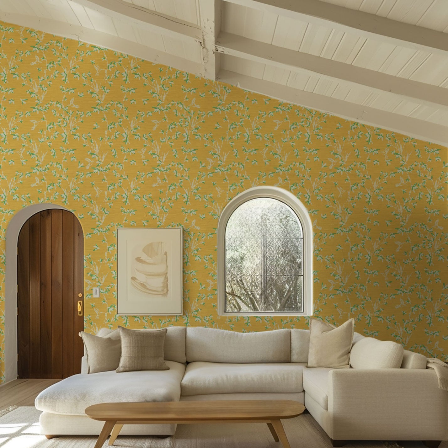 Chinoiserie Chinese Chinz Natural Textured Eco-Friendly Non-toxic High-quality Sustainable practices Sustainability Wall covering Wallcovering Wallpaper Custom interior Bespoke Tailor-made grasscloth Nature inspired Bold Garden Wallpaper floral tree bird animal hummingbird garden tree asian inspired nursery feminine girl bedroom butter yellow bright yellow marigold yellow with white and light green