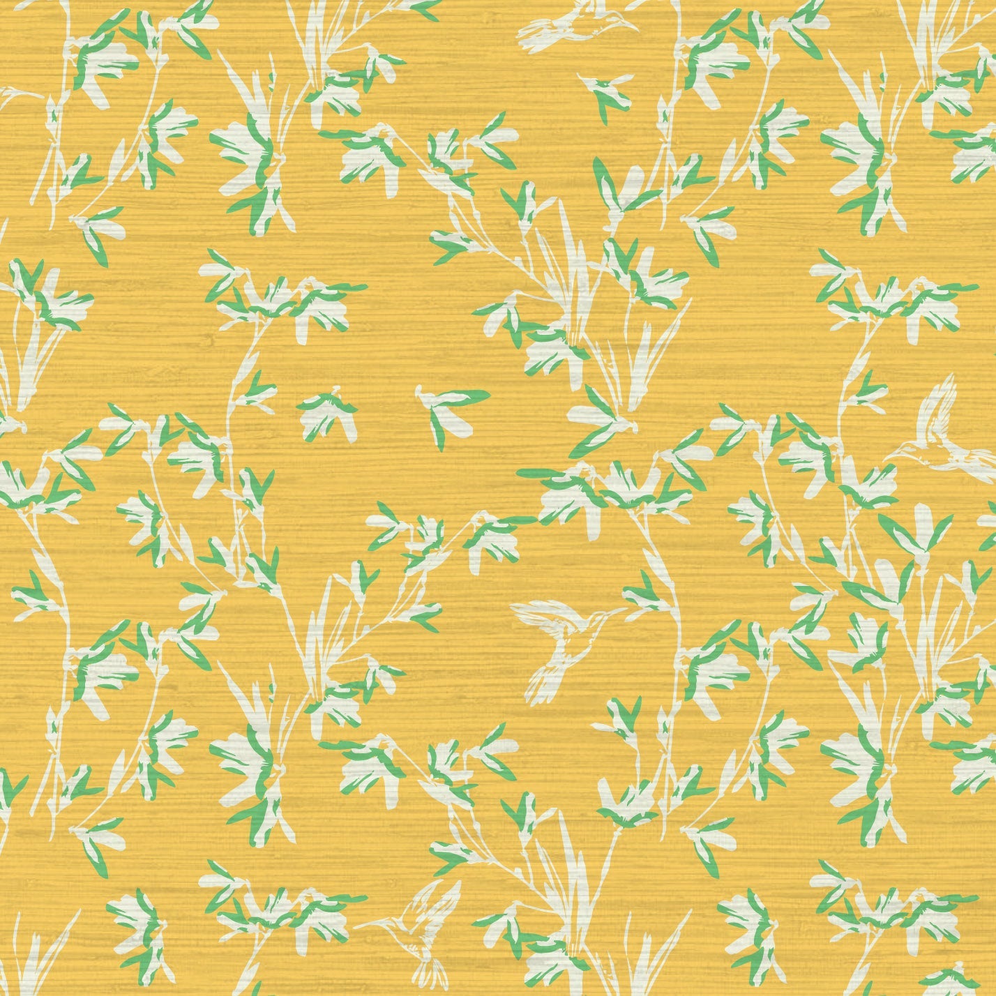 Chinoiserie Chinese Chinz Natural Textured Eco-Friendly Non-toxic High-quality Sustainable practices Sustainability Wall covering Wallcovering Wallpaper Custom interior Bespoke Tailor-made grasscloth Nature inspired Bold Garden Wallpaper floral tree bird animal hummingbird garden tree asian inspired nursery feminine girl bedroom butter yellow bright yellow marigold yellow with white and light green