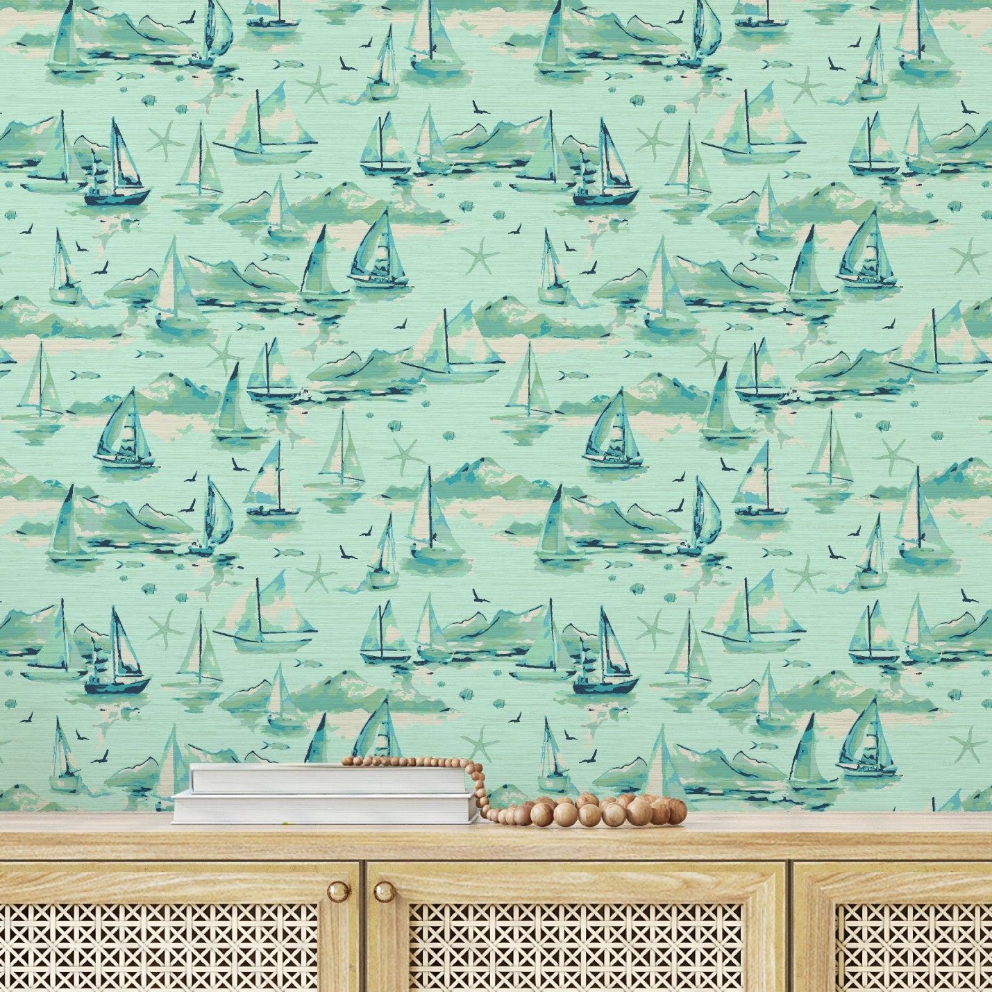Grasscloth Paper Weave wallpaper Natural Textured Eco-Friendly Non-toxic High-quality Sustainable Interior Design Bold Custom Tailor-made Retro chic Grand millennial Maximalism Traditional Dopamine decor sailboat preppy coastal seaside waterfront vacation shoreline oceanfront nautical beach cottage retreat seaside mint green