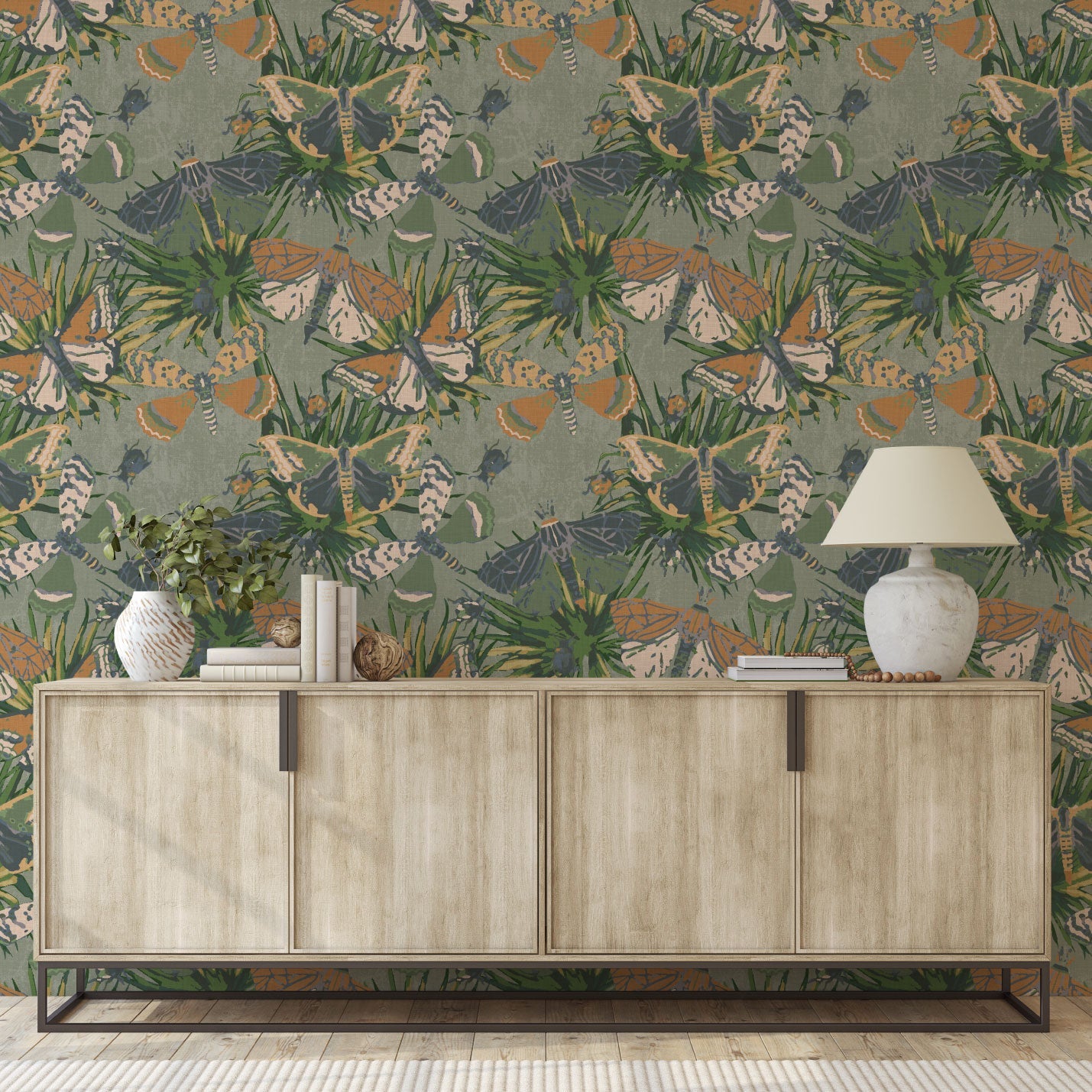 printed wallpaper with allover butterflies, palm leaves and mini insects overlapped in an oversized print.Grasscloth wallpaper Natural Textured Eco-Friendly Non-toxic High-quality Sustainable Interior Design Bold Custom Tailor-made Retro chic Bold tropical butterfly bug palm leaves animals botanical garden nature kids playroom bedroom nursery green moss jungle olive linen