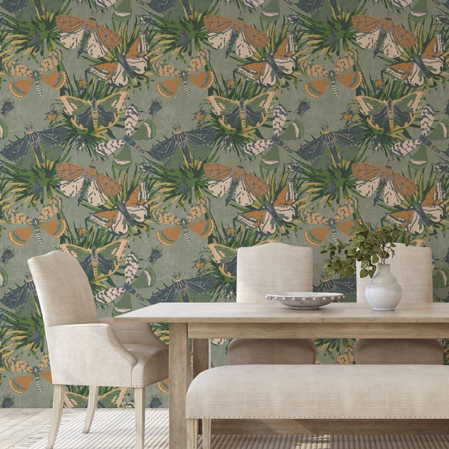 printed wallpaper with allover butterflies, palm leaves and mini insects overlapped in an oversized print.Grasscloth wallpaper Natural Textured Eco-Friendly Non-toxic High-quality Sustainable Interior Design Bold Custom Tailor-made Retro chic Bold tropical butterfly bug palm leaves animals botanical garden nature kids playroom bedroom nursery green moss jungle olive linen
