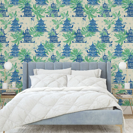 Natural Textured Eco-Friendly Non-toxic High-quality Sustainable practices Sustainability Wall covering Wallcovering Wallpaper luxury bespoke custom interior design asian inspired green palm leaf garden print floral tree branches pagoda shades of blue french blue monkey retro chic grid Chinoiserie chinese classic chintz french blue green