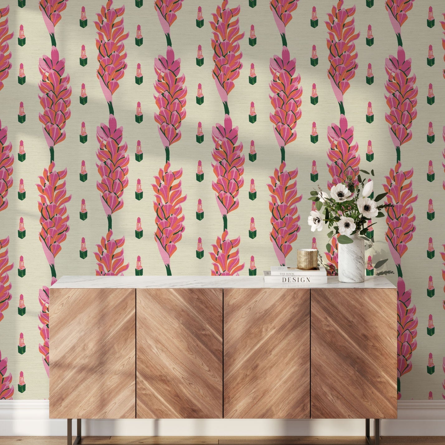 Grasscloth wallpaper Natural Textured Eco-Friendly Non-toxic High-quality Sustainable Interior Design Bold Custom Tailor-made Retro chic Bold beauty bar salon vertical stripe botanical floral flowers lipstick makeup pink hot pain baby pink jungle tropical garden