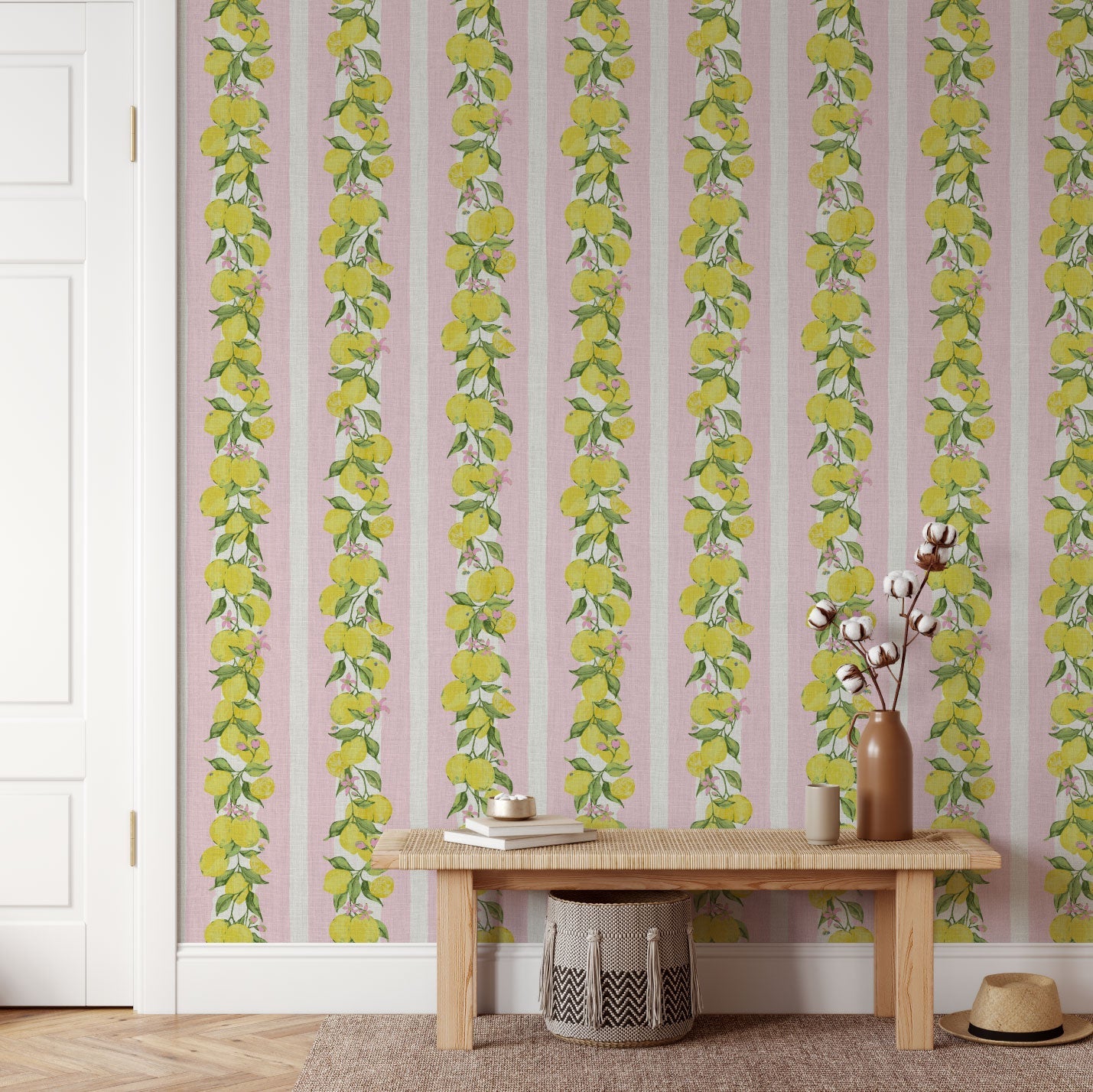 wallpaper Natural Textured Eco-Friendly Non-toxic High-quality Sustainable Interior Design Bold Custom Tailor-made Retro chic Grand millennial Maximalism Traditional Dopamine decor Coastal Garden Seaside Seashore Waterfront Cottage core Countryside Vintage Imperfect Rural Farm core rustic stripe feminine floral lemon stripe horizontal fruit food preppy stripe yellow white pink mint green pale pink linen