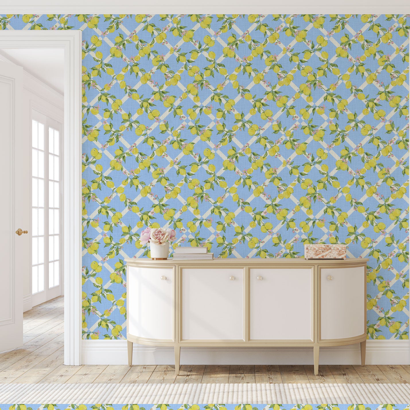 Never Tear Us Apart Lemon Lattice Floral Linen Wallpaper
