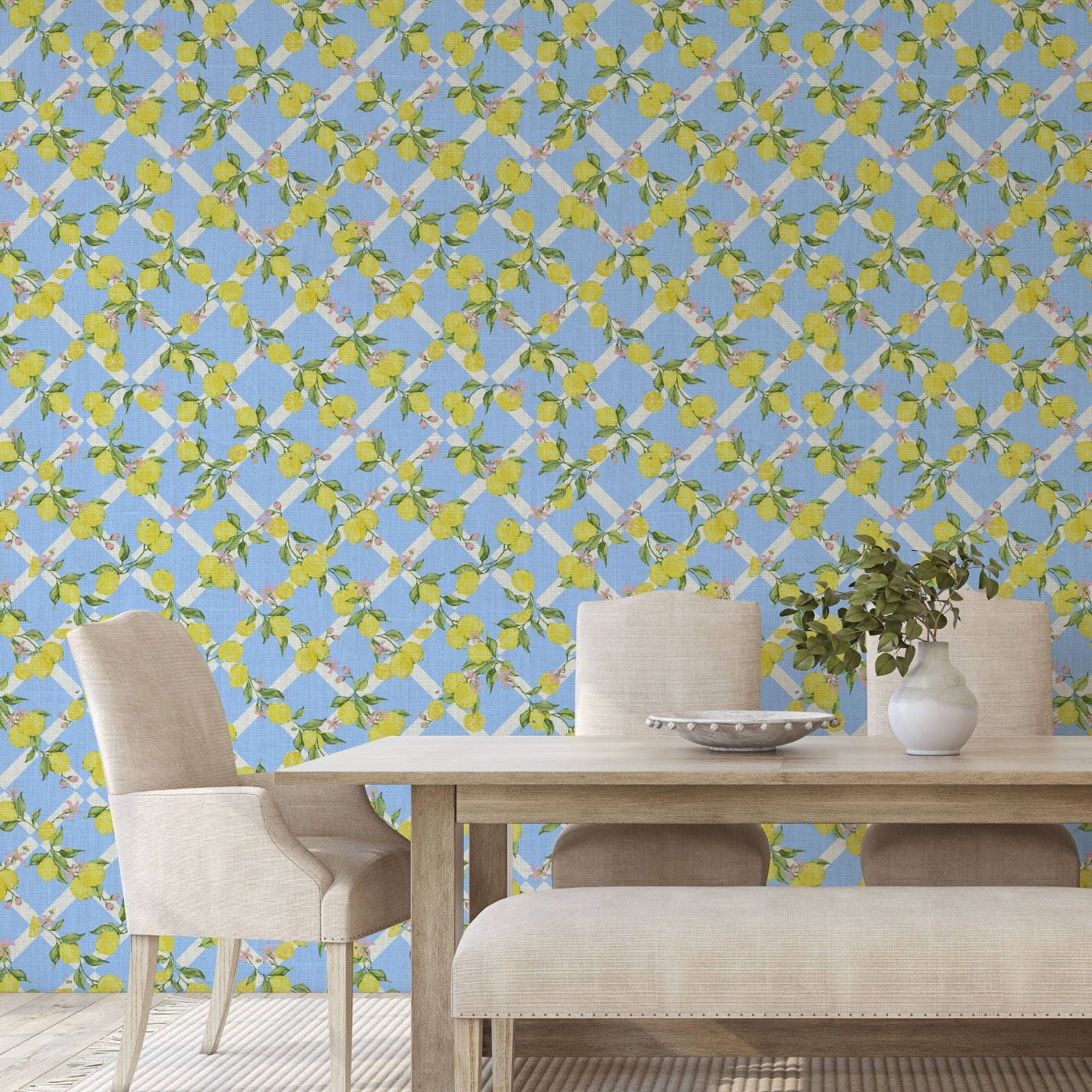 wallpaper Natural Textured Eco-Friendly Non-toxic Sustainable Interior Design Retro chic Grand millennial Maximalism Traditional Dopamine decorCoastal Garden Seaside Seashore Waterfront Vacation home styling Retreat Relaxed beach vibes Beach cottage Shoreline Oceanfront preppy Nature inspired Vertical Grid lemons fruit food Cottage core Countryside Vintage Imperfect Rural Farm core rustic stripe yellow pink flowers lattice botanical yellow green leaf french blue pale baby kids sky blue linen