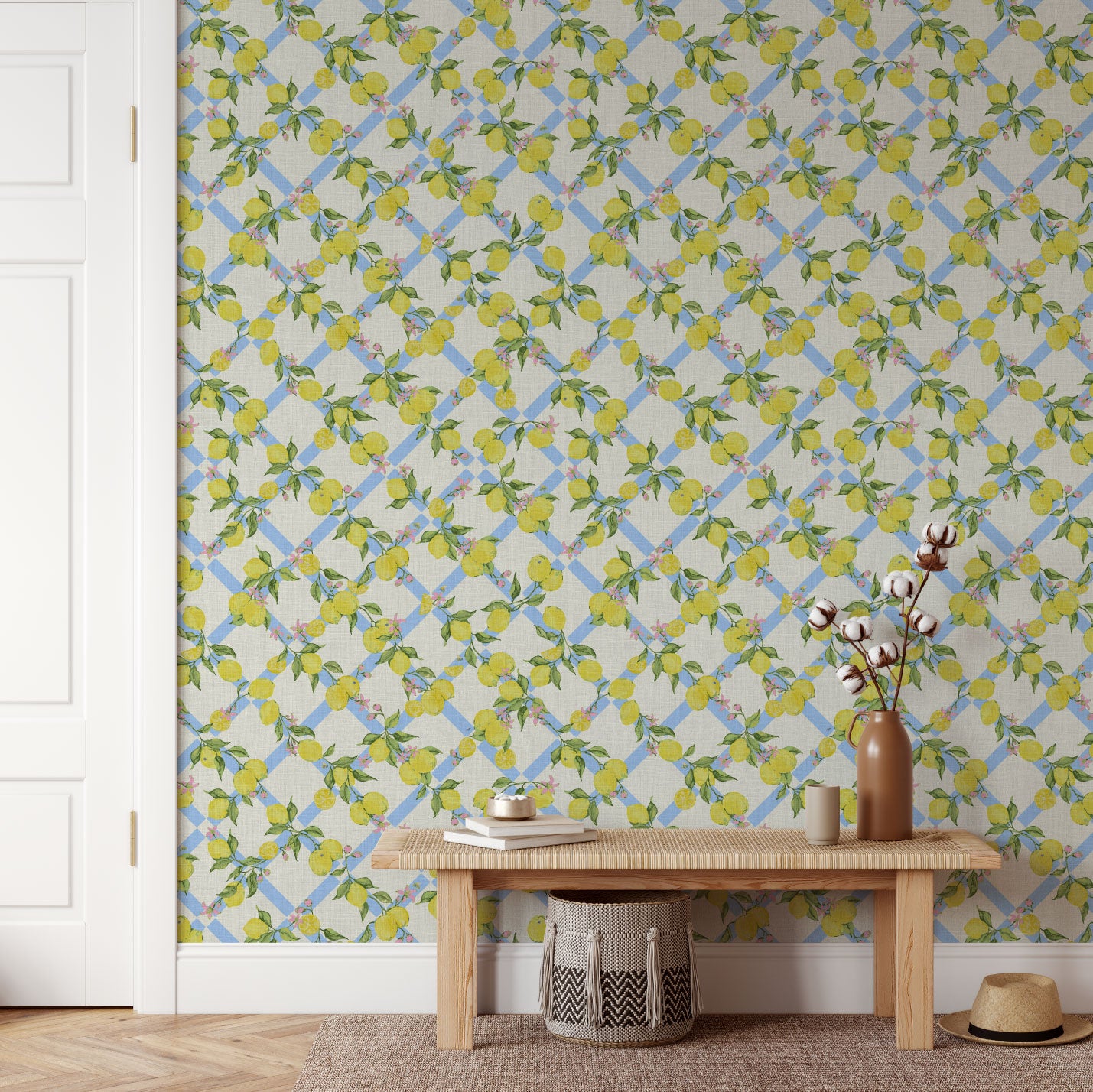 Never Tear Us Apart Lemon Lattice Floral Linen Wallpaper