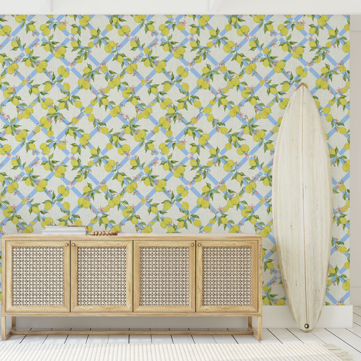 Never Tear Us Apart Lemon Lattice Floral Linen Wallpaper