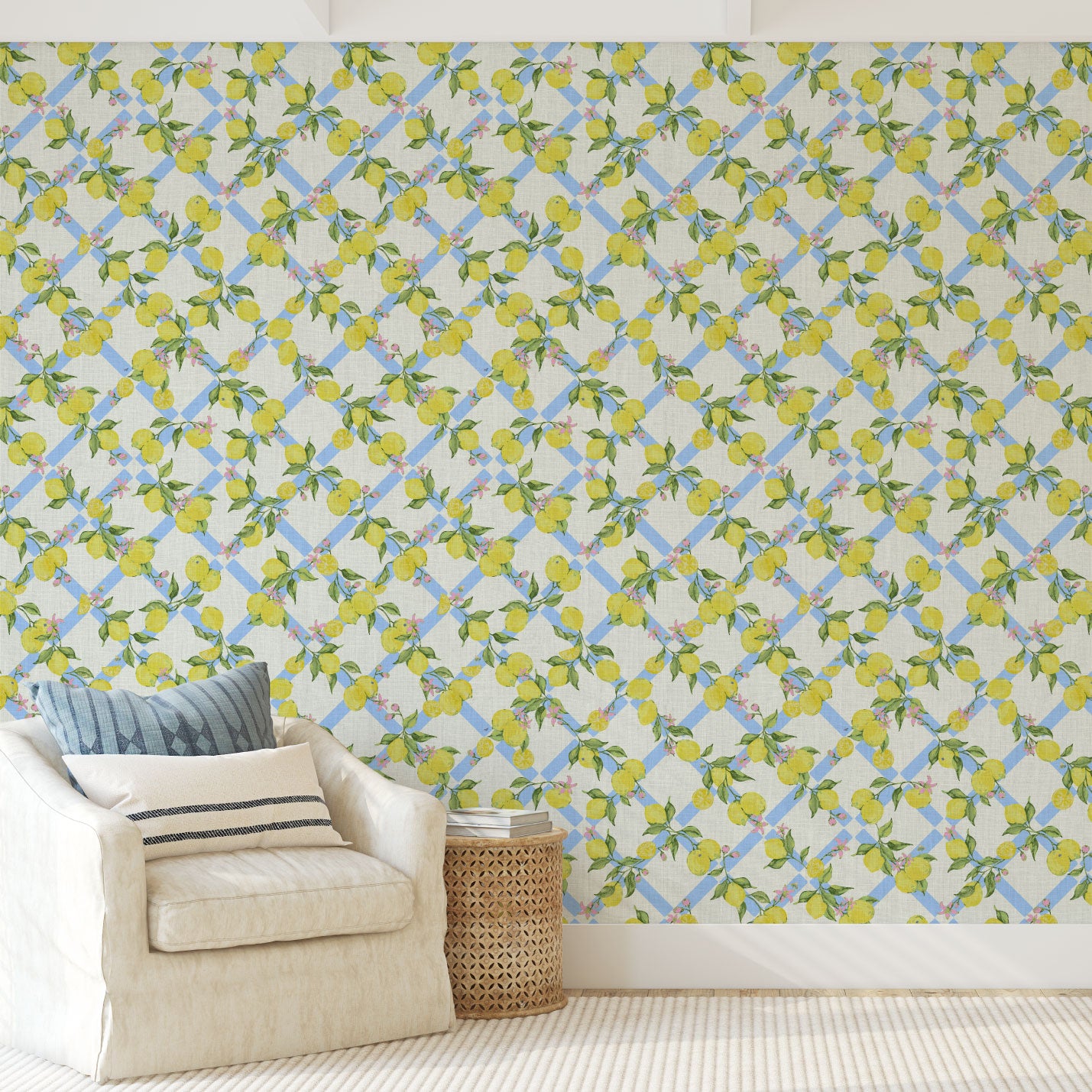 Never Tear Us Apart Lemon Lattice Floral Linen Wallpaper