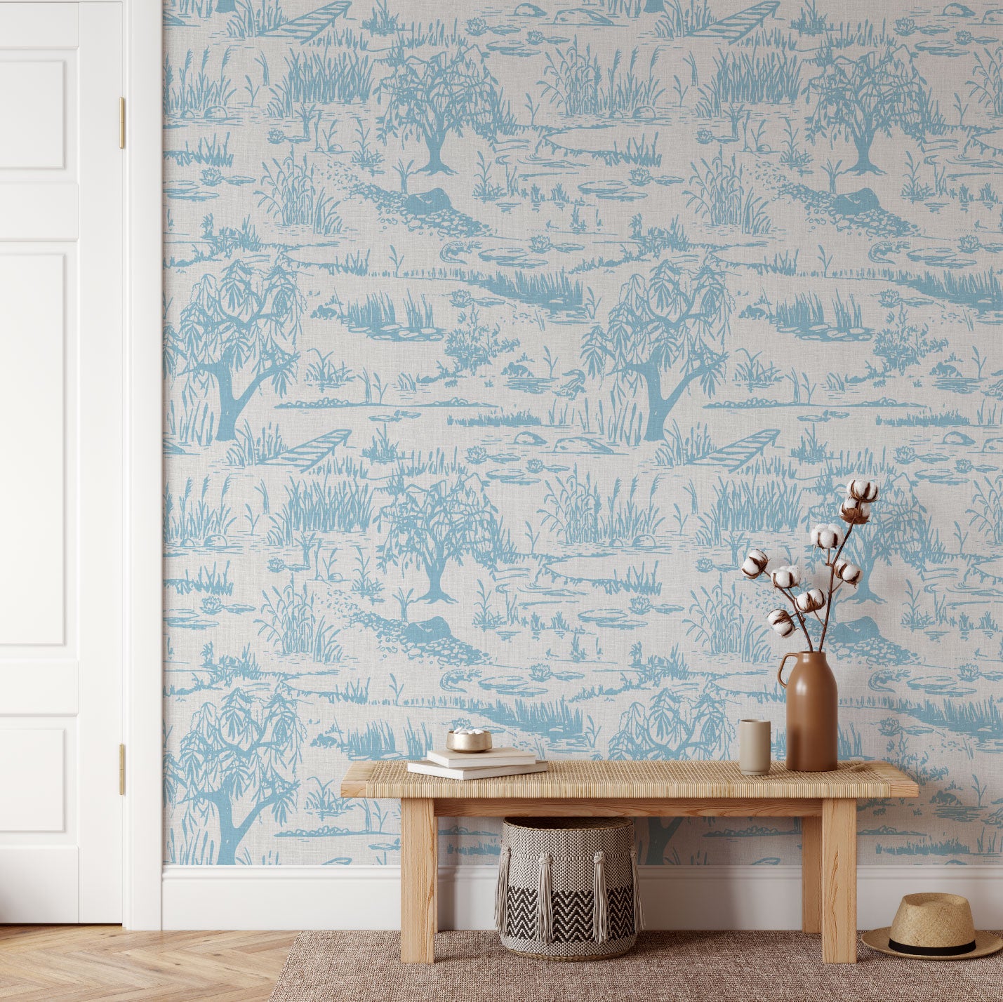 On the Golden Pond Everglade Toile Linen Wallpaper
