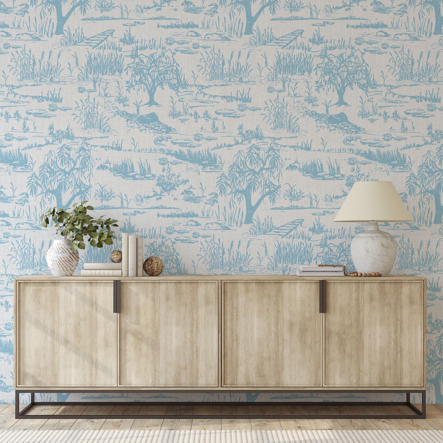 On the Golden Pond Everglade Toile Linen Wallpaper