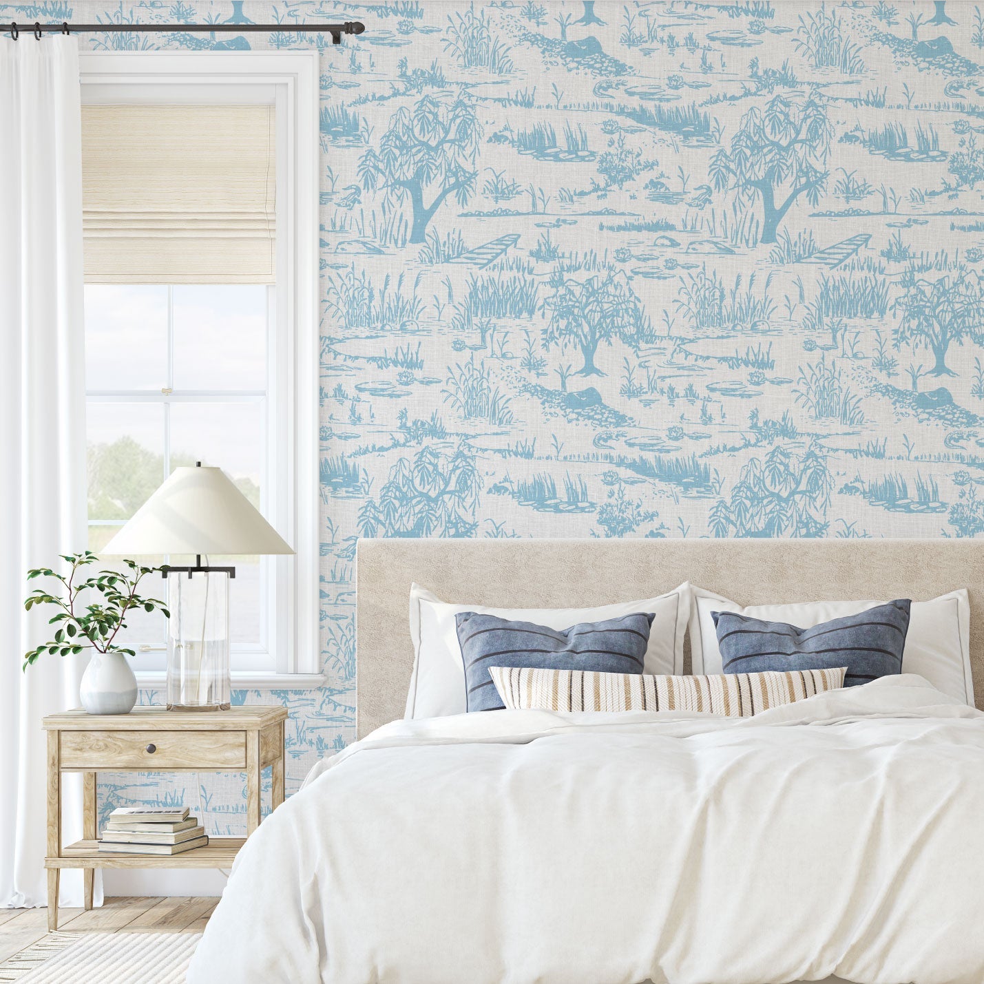 wallpaper Natural Textured Eco-Friendly Non-toxic High-quality Sustainable Interior Design Bold Custom Tailor-made Retro chic Grand millennial Maximalism Traditional Dopamine decor Tropical Jungle Coastal Garden Seaside Seashore Waterfront Vacation home styling Retreat Relaxed beach vibes Beach cottage Shoreline Oceanfront everglade Florida swamp blue dusty french soft botanical alligator animals linen luxury high end