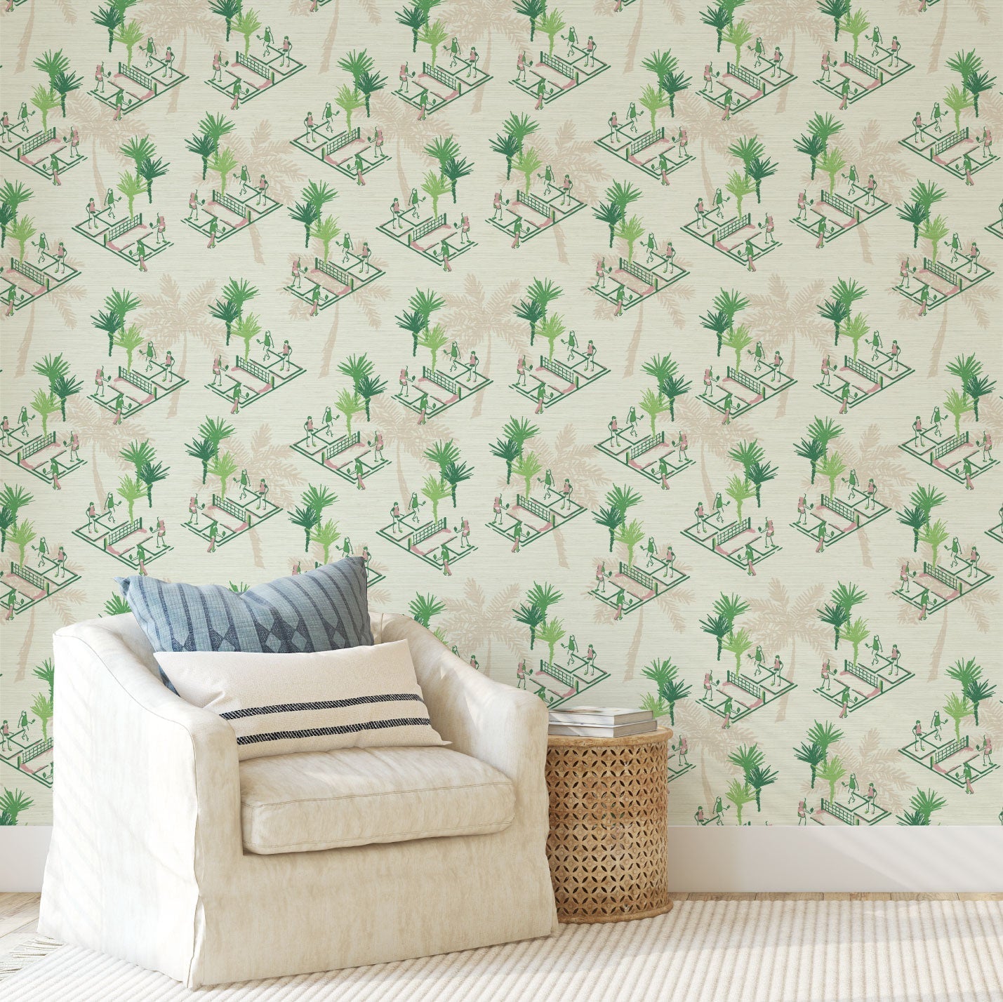 Grasscloth wallpaper Natural Textured Eco-Friendly Non-toxic High-quality Sustainable Interior Design Bold Custom Tailor-made Retro chic Bold tropical kid playroom palm tree botanical sport garden pickleball court players paddle preppy coastal vacation toile green cream tan neutral pink