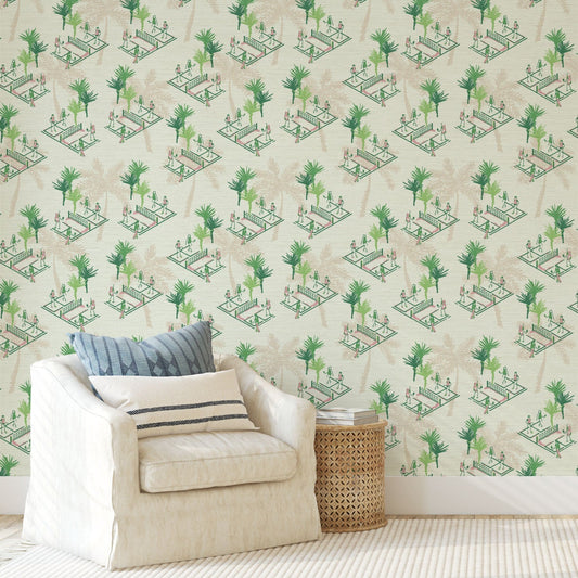 Grasscloth wallpaper Natural Textured Eco-Friendly Non-toxic High-quality Sustainable Interior Design Bold Custom Tailor-made Retro chic Bold tropical kid playroom palm tree botanical sport garden pickleball court players paddle preppy coastal vacation toile green cream tan neutral pink