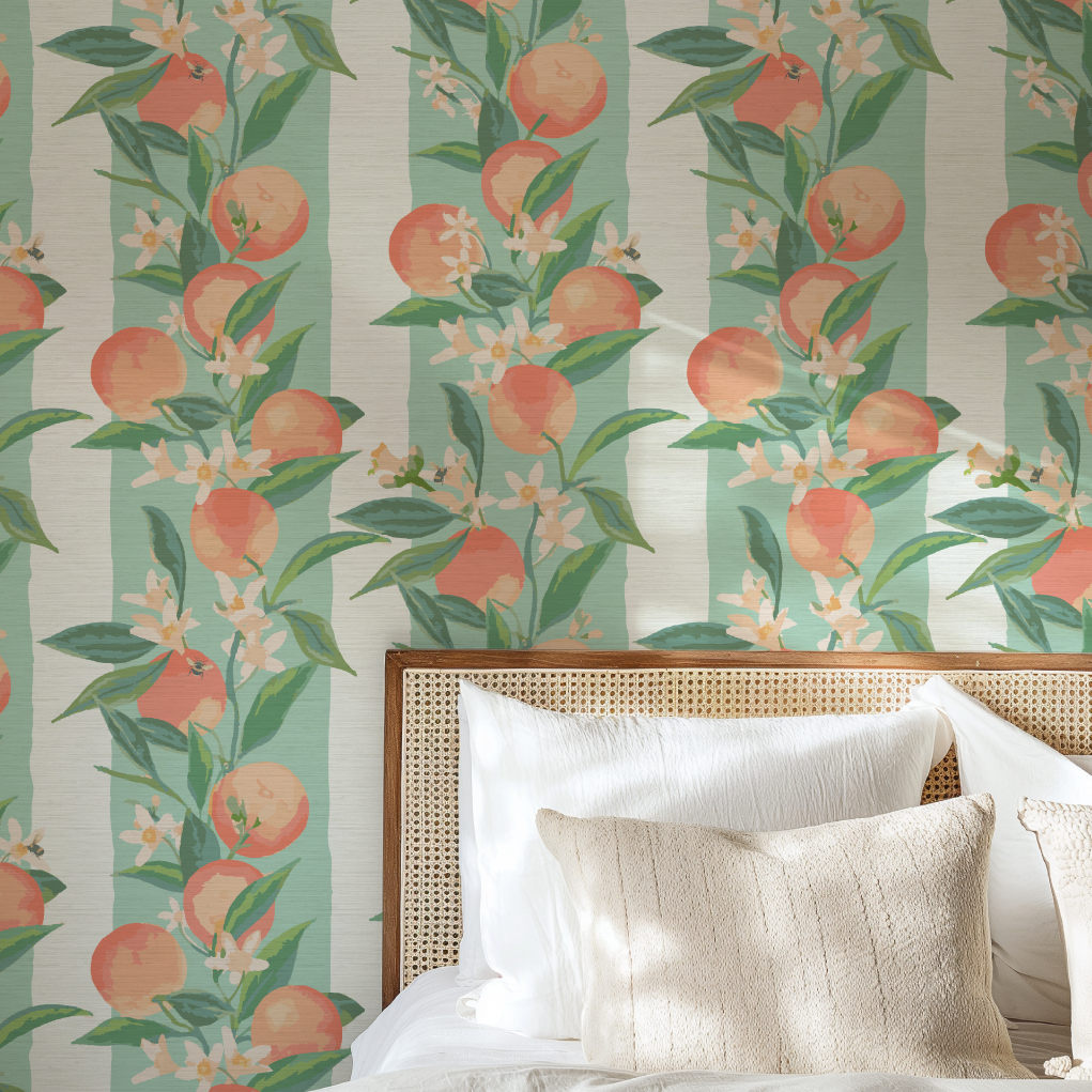 Peach Fuzz Floral Stripe Wallpaper