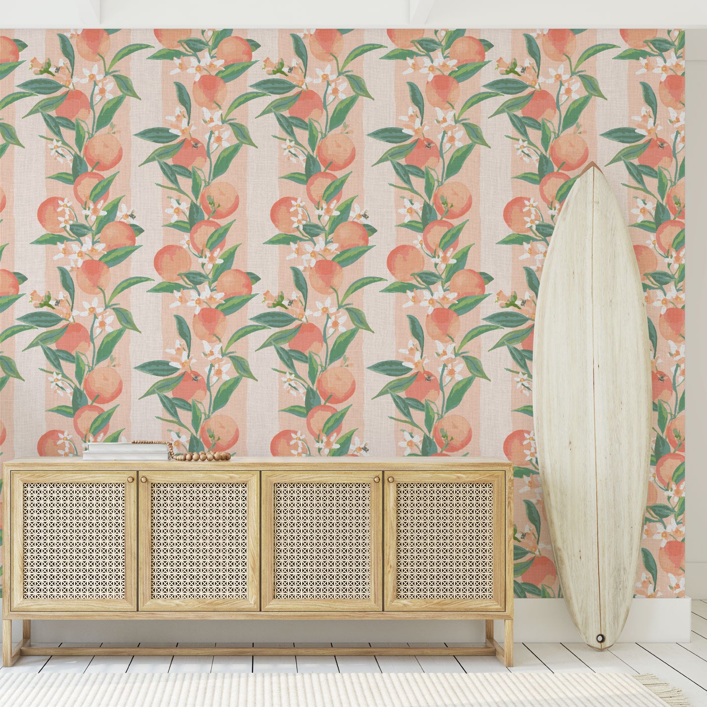 Peach Fuzz Floral Stripe Linen Wallpaper